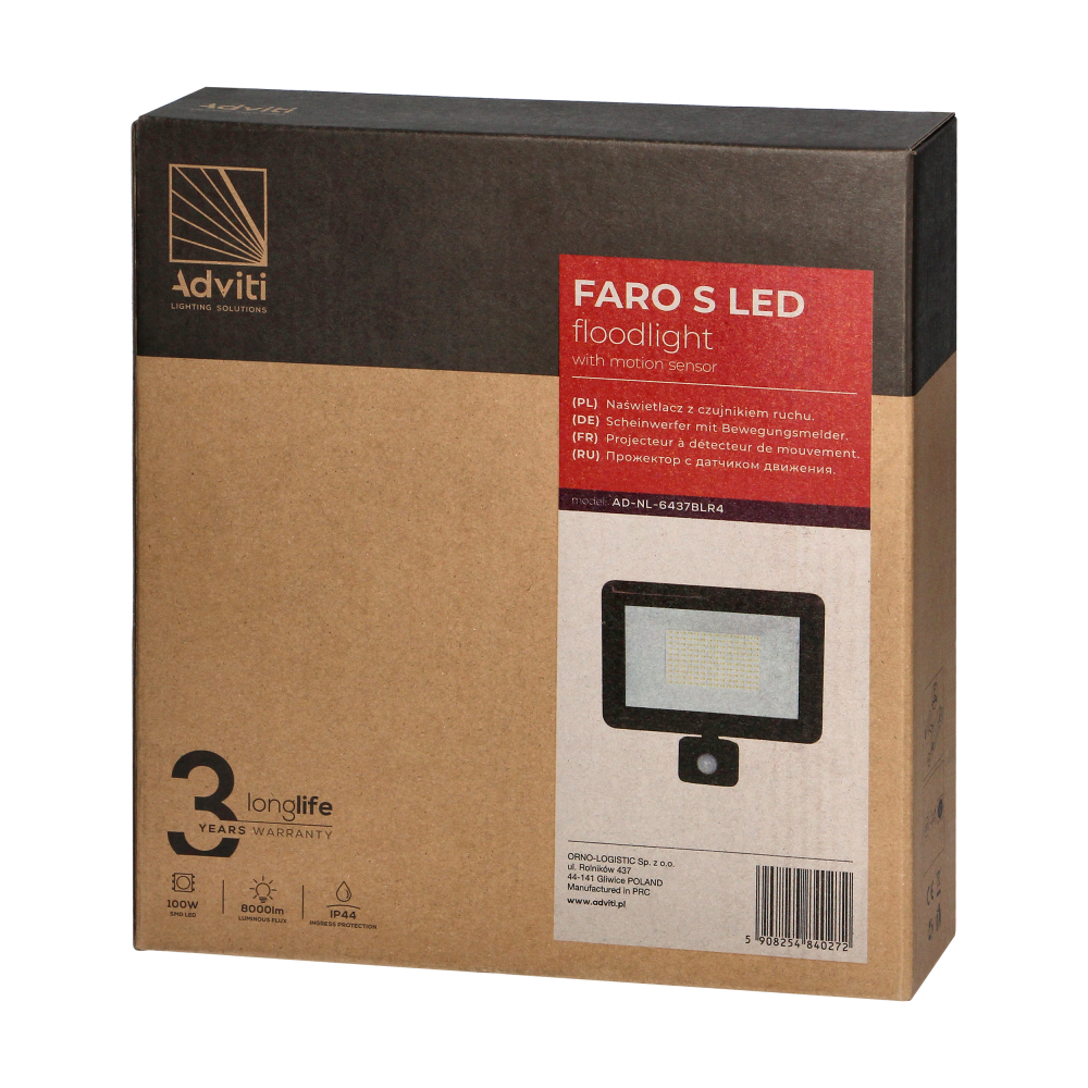 FARO LED, floodlight with PIR motion sensor, 100W, 8000lm, IP44, 4000K, aluminium + glass